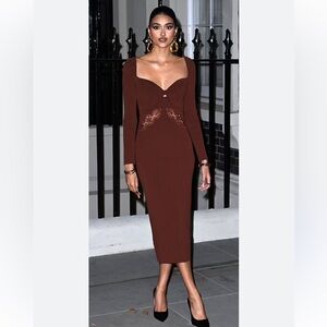 SELF-PORTRAIT Mushroom Rib Knit Lace Applique Long Sleeve‎ Midi Bodycon Dress XS